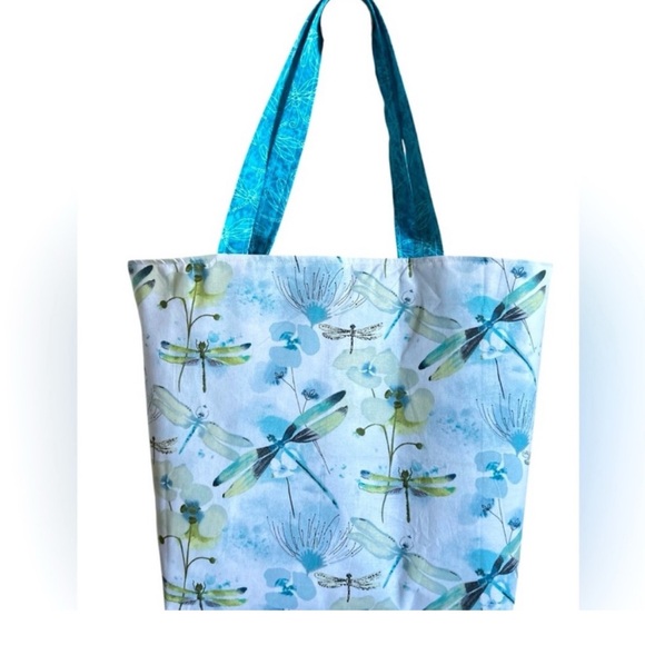 Handmade Dragonfly Print Tote Bag Colorful All Purpose Market Shoulder Purse - Picture 4 of 8